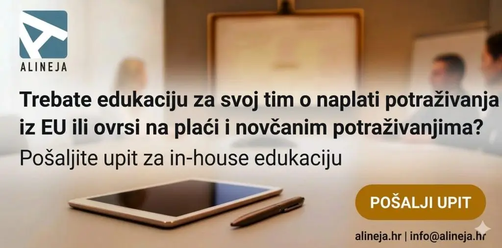 Banner Alineje za upit o in-house edukaciji iz ovršnog prava i prekogranične naplate.