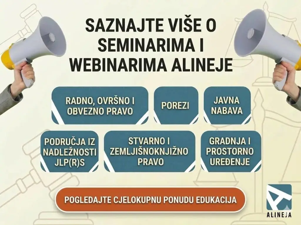 Banner Alineje za pravne, porezne i građevinske edukacije. Prikazana su područja: nadležnosti jedinica lokalne i područne (regionalne) samouprave, javna nabava, radno i ovršno pravo, porezi, gradnja i prostorno uređnje te stvarno i zemljišnoknjižno pravo