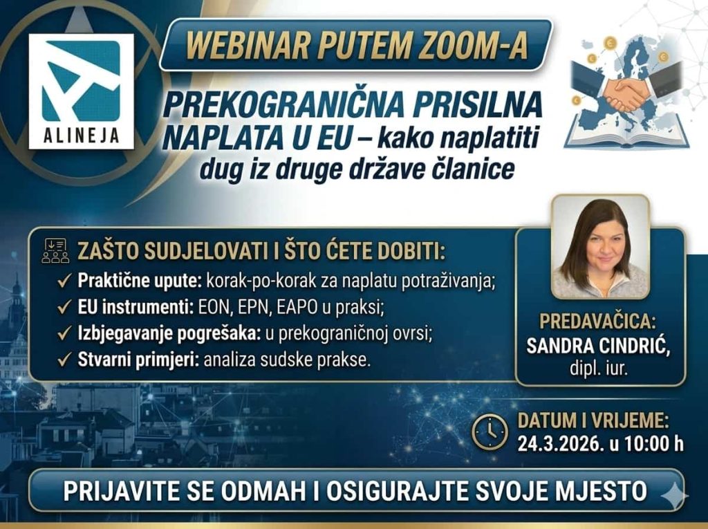 Banner Alineje o webinaru o prekograničnoj prisilnoj naplati iz drugih država članica Europske unije