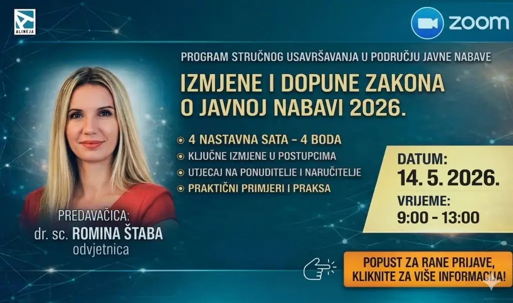 Pravna zaštita u javnoj nabavi: novi rokovi, novi pravni mehanizmi i novi procesni rizici (osvrt na predstojeće izmjene Zakona o javnoj nabavi 2026.) 1 Program usavrsavanja u podrucju javne nabave 14.5.2026. Romina Staba 2